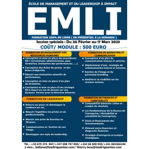 SESSION SPECIALE DE FORMATION DU 20 FEVRIER AU 17 MARS 2023 A L'ECOLE DE MANAGEMENT ET DU LEADERSHIP A IMPACT (EMLI)