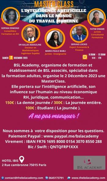 Formation sur l'intelligence artificielle organisée le 02 Décembre à Paris par  BSL ACADEMY