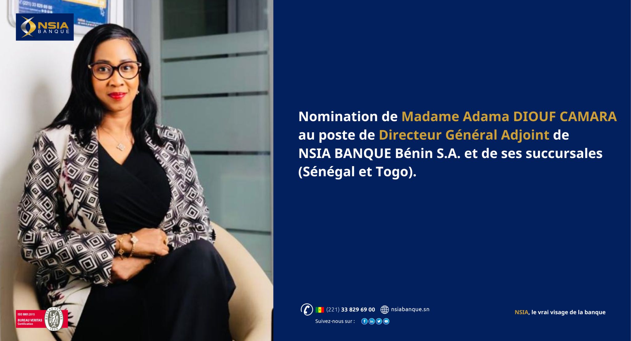  L’ancienne Directrice de NSIA Banque Sénégal Adama Diouf CAMARA, nommée Directrice Générale de NSIA Banque Bénin.