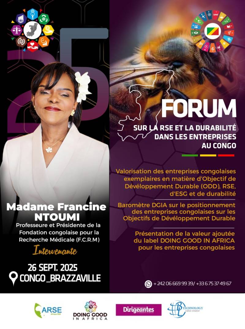 Professeure Francine NTOUMI, intervenante à la deuxième édition du forum DOING GOOD IN AFRICA (DGIA), le 26 septembre 2025, sur le thème « Entreprises à impact : contribution des entreprises congolaises aux Objectifs de Développement Durable : Focus sur les ODD 3, 7 et 13 ».
