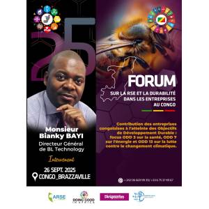 Monsieur BAYI Bianky, intervenant à la deuxième édition du forum DOING GOOD IN AFRICA (DGIA), le 26 septembre 2025, sur le thème « Entreprises à impact : contribution des entreprises congolaises aux Objectifs de Développement Durable : Focus sur les ODD 3, 7 et 13 ».