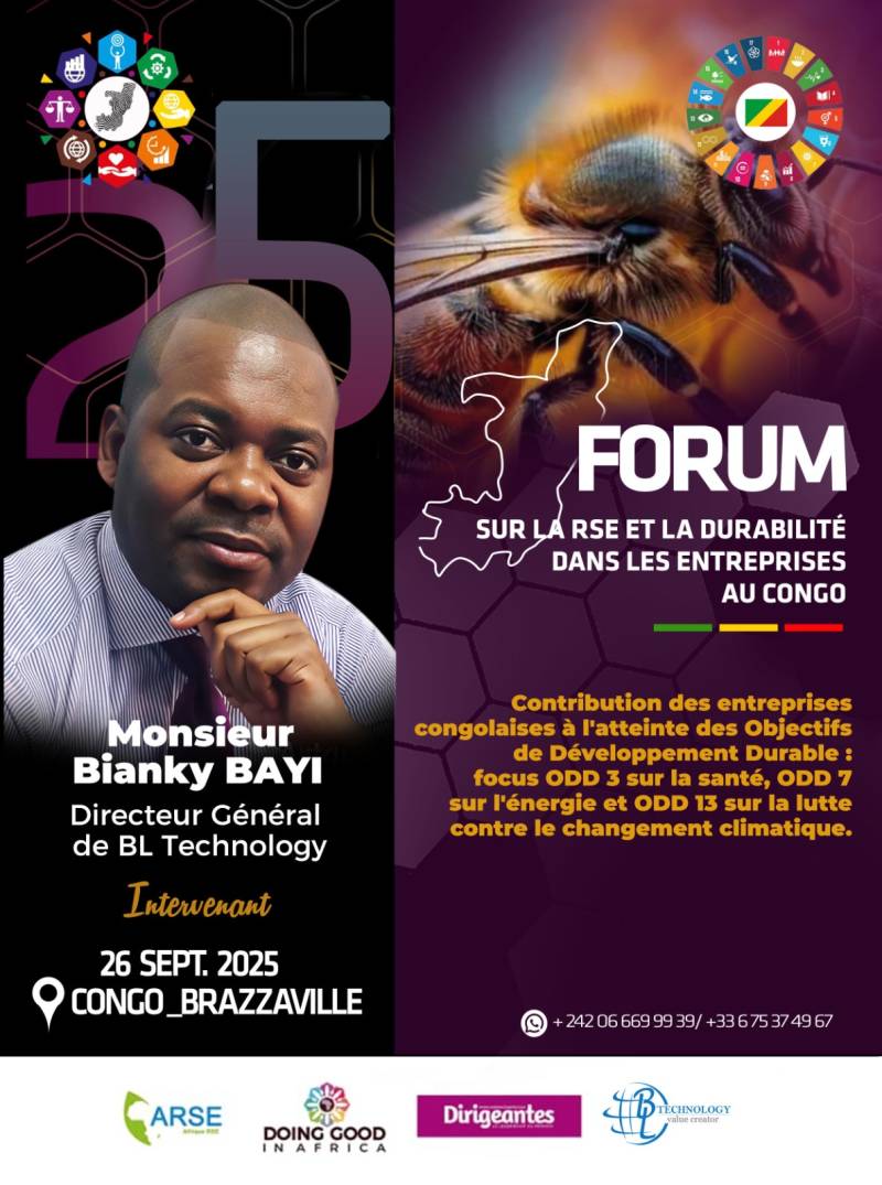 Monsieur BAYI Bianky, intervenant à la deuxième édition du forum DOING GOOD IN AFRICA (DGIA), le 26 septembre 2025, sur le thème « Entreprises à impact : contribution des entreprises congolaises aux Objectifs de Développement Durable : Focus sur les ODD 3, 7 et 13 ».