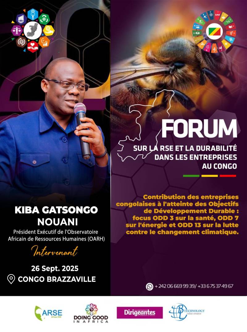 Monsieur KIBA GATSONGO NOUANI, Président Exécutif et fondateur de l’Observatoire Africain des Ressources Humaines (OARH) et Directeur Administratif et des Ressources Humaines à la SOPRIM, intervenant à la deuxième édition du forum DOING GOOD IN AFRICA (DGIA), le 26 septembre 2025, sur le thème « Entreprises à impact : contribution des entreprises congolaises aux Objectifs de Développement Durable : Focus sur les ODD 3, 7 et 13 ».