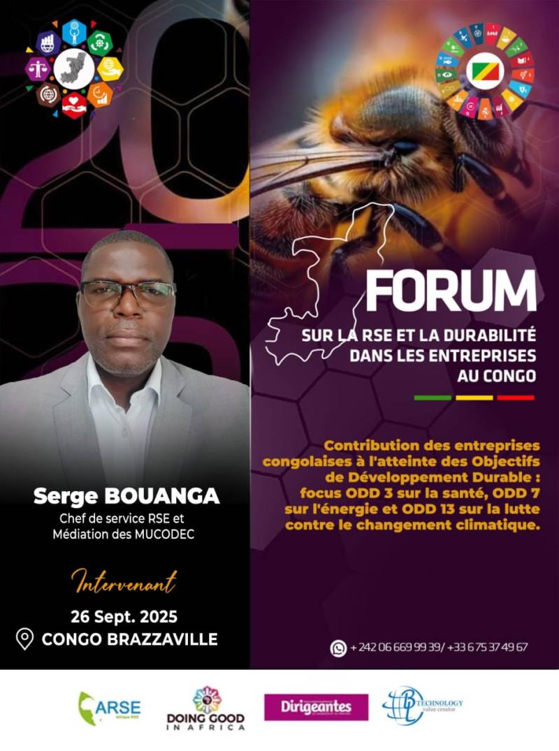 Serge BOUANGA, Chef de service RSE et Médiation des MUCODEC, intervenant à la deuxième édition du forum DOING GOOD IN AFRICA (DGIA), le 26 septembre 2025, sur le thème « Entreprises à impact : contribution des entreprises congolaises aux Objectifs de Développement Durable : Focus sur les ODD 3, 7 et 13 ».
