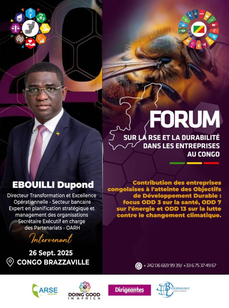 Monsieur Dupond EBOUILLI, Directeur Transformation et Excellence Opérationnelle, Expert en planification stratégique et management des organisations, Secrétaire Exécutif en charge des partenariats au sein de l’Observatoire Africains de Ressources Humaines (OARH), intervenant à la deuxième édition du forum DOING GOOD IN AFRICA (DGIA), le 26 septembre 2025, sur le thème « Entreprises à impact : contribution des entreprises congolaises aux Objectifs de Développement Durable : Focus sur les ODD 3, 7 et 13 ».