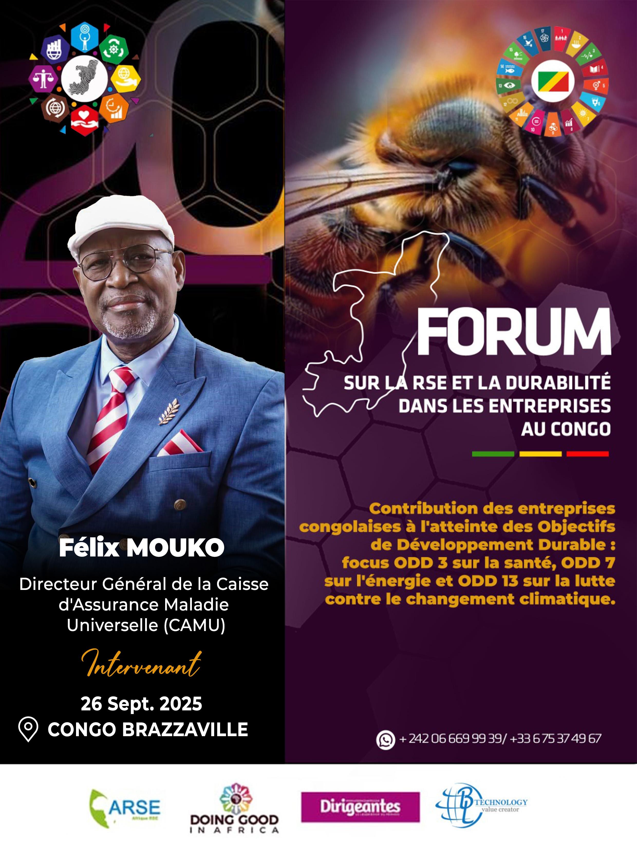 Monsieur Félix MOUKO, Directeur Général de la Caisse d’Assurance Maladie Universelle (CAMU) intervenant à la deuxième édition du forum DOING GOOD IN AFRICA (DGIA), le 26 septembre 2025, sur le thème « Entreprises à impact : contribution des entreprises congolaises aux Objectifs de Développement Durable : Focus sur les ODD 3, 7 et 13 ».