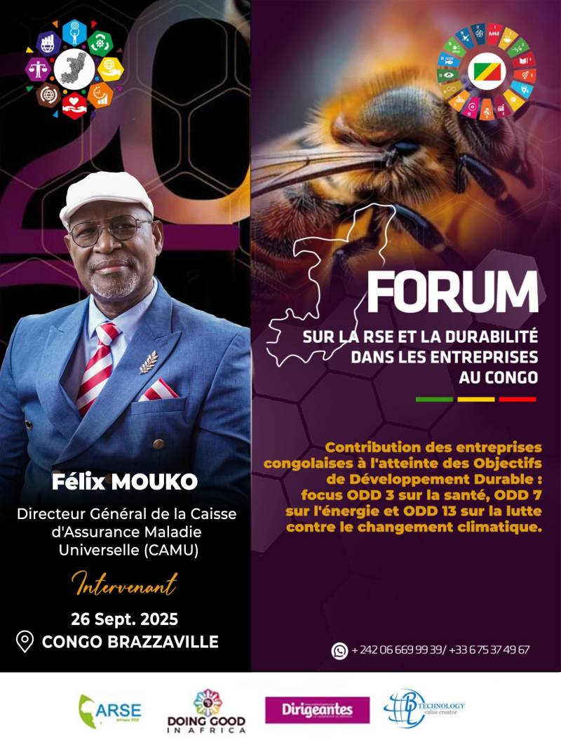 Monsieur Félix MOUKO, Directeur Général de la Caisse d’Assurance Maladie Universelle (CAMU) intervenant à la deuxième édition du forum DOING GOOD IN AFRICA (DGIA), le 26 septembre 2025, sur le thème « Entreprises à impact : contribution des entreprises congolaises aux Objectifs de Développement Durable : Focus sur les ODD 3, 7 et 13 ».
