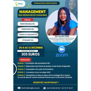 FORMATION CERTIFIANTE EN MANAGEMENT DES RESSOURCES HUMAINES DU 8 AU 12 DECEMBRE SUR ZOOM