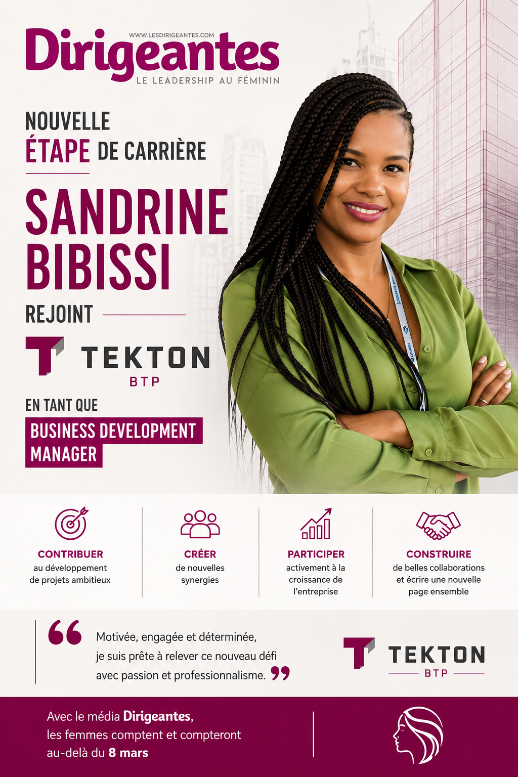 NOUVELLE ÉTAPE DE CARRIÈRE : SANDRINE BIBISSI REJOINT TEKTON BTP EN TANT QUE BUSINESS DEVELOPMENT MANAGER
