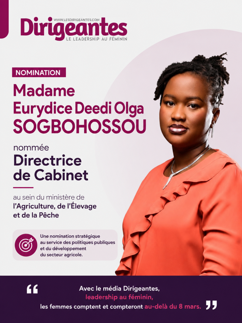 Madame Eurydice Deedi Olga SOGBOHOSSOU nommée Directrice de Cabinet : une femme au cœur de l’action stratégique
