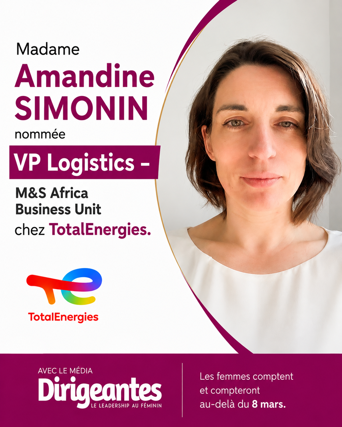 Madame Amandine SIMONIN nommée VP Logistics – M&S Africa Business Unit chez TotalEnergies